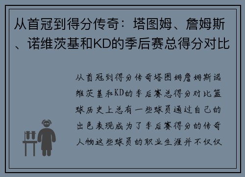 从首冠到得分传奇：塔图姆、詹姆斯、诺维茨基和KD的季后赛总得分对比