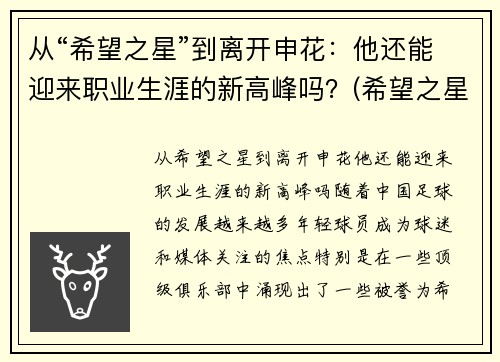 从“希望之星”到离开申花：他还能迎来职业生涯的新高峰吗？(希望之星总决赛视频)